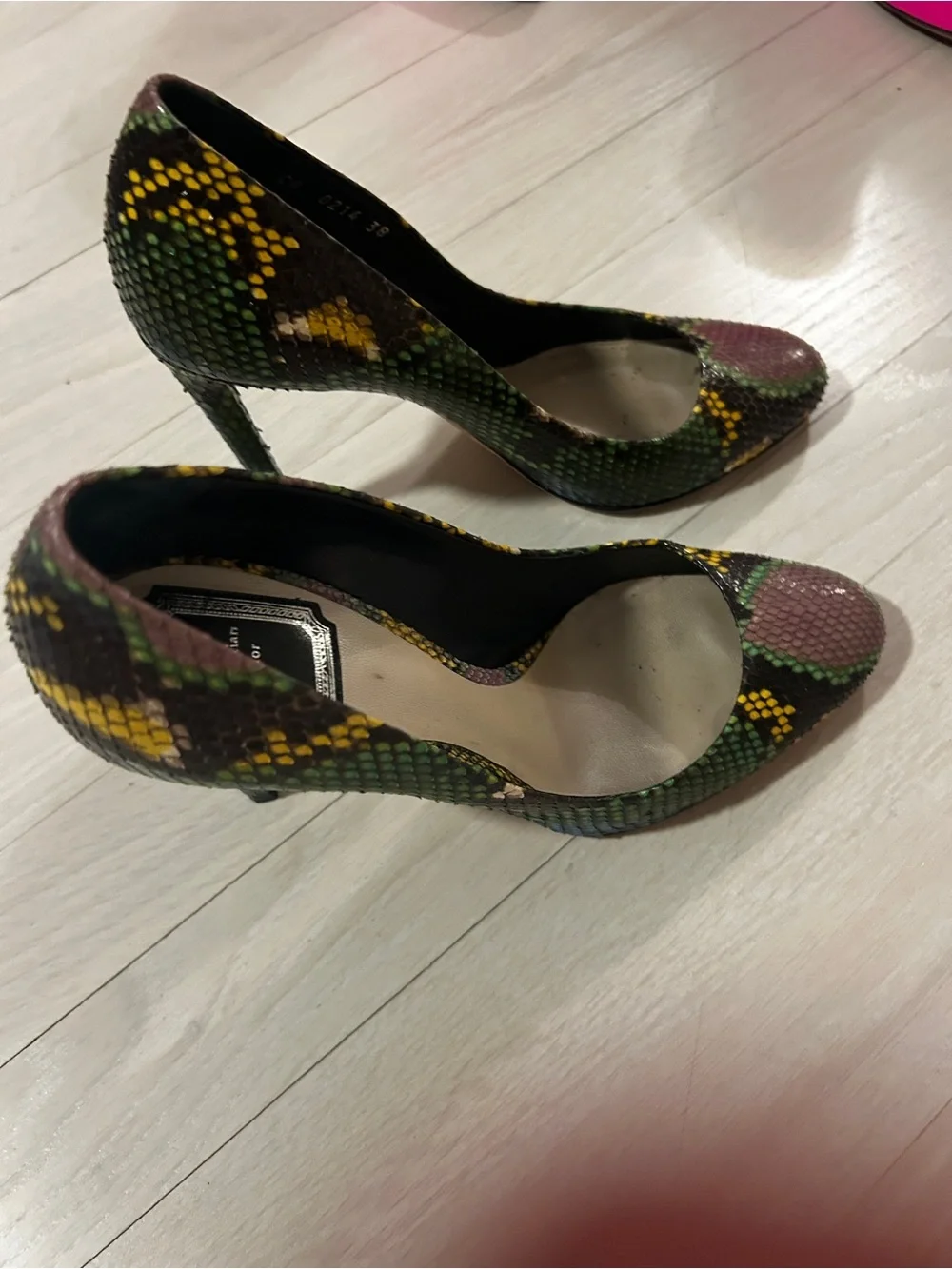 Dior Multicolor Snakeskin Pointed Toe Pumps in Yellow, Green & Pink. Size 38